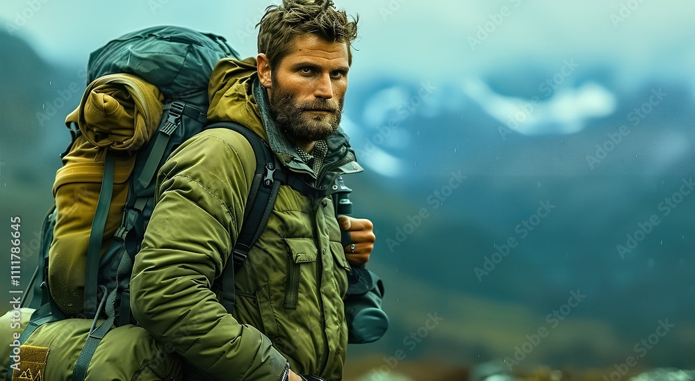 Man hike rain mountains with secure backpack Man hike rain mountains with secure backpack