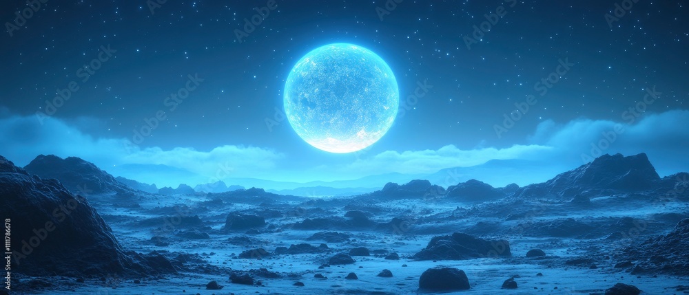 Fototapeta premium A serene lunar landscape under a large blue moon, with rocky terrain and starry sky.