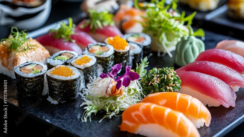 A beautifully arranged platter of sushi featuring various types and garnishes for dining enjoyment. A beautifully arranged platter of sushi featuring various types and garnishes for dining enjoyment.