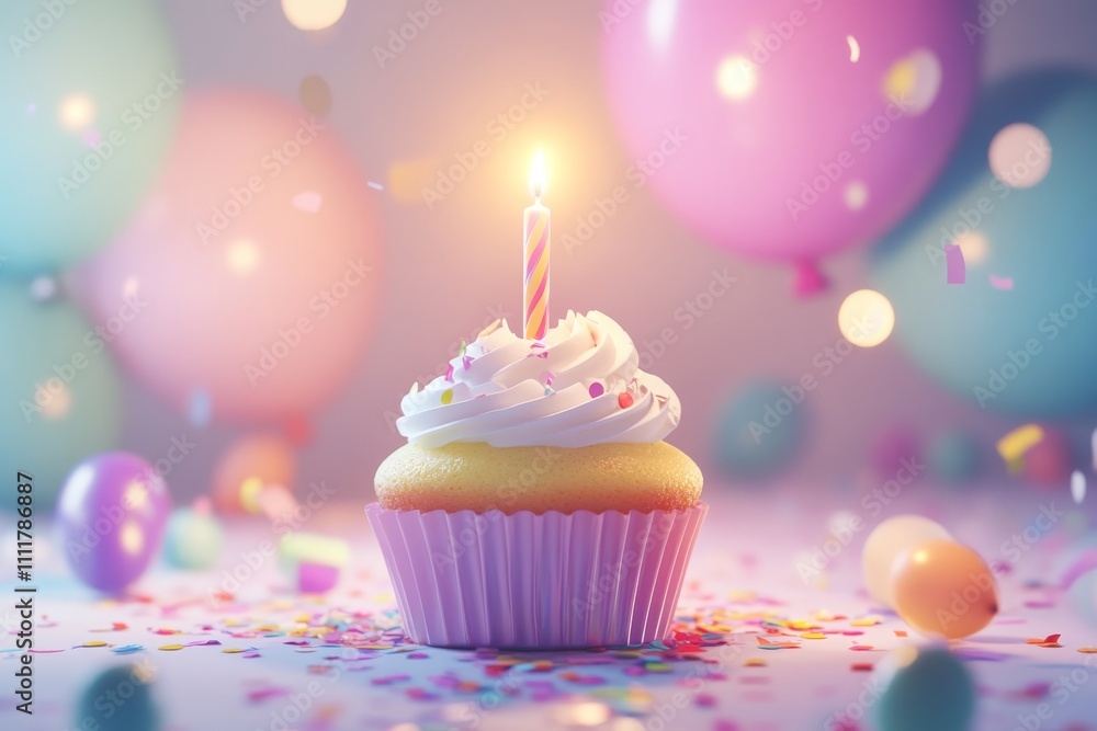 Festive Cupcake with Candle Surrounded by Colorful Balloons and Confetti for Celebrations and Special Events. Perfect for Birthday or Party Themes. Festive Cupcake with Candle Surrounded by Colorful Balloons and Confetti for Celebrations and Special Events. Perfect for Birthday or Party Themes.