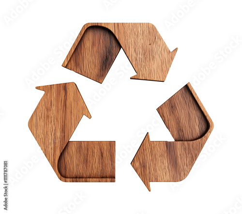 recycle symbol made of walnut wood board texture. eco recycling icon. cutout png