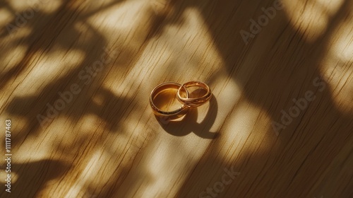 A coupleas wedding rings on a light wood background, surrounded by soft, romantic shadows. photo