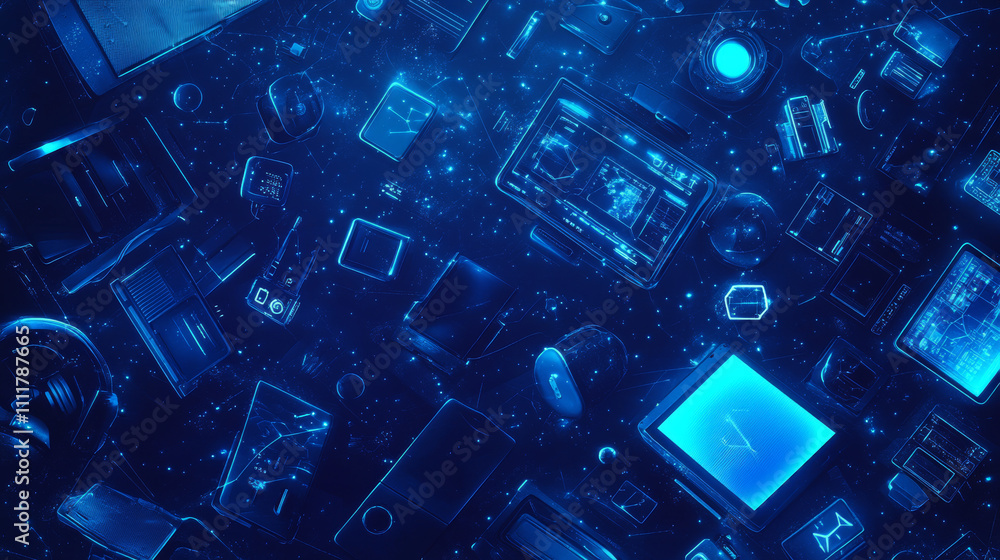 Laptop and Monitor. Computers themes in low-poly wireframe starry sky and cosmos style. Technology and devices concept. Abstract vector computerization theme in blue color. Devices polygonal theme Laptop and Monitor. Computers themes in low-poly wireframe starry sky and cosmos style. Technology and devices concept. Abstract vector computerization theme in blue color. Devices polygonal theme
