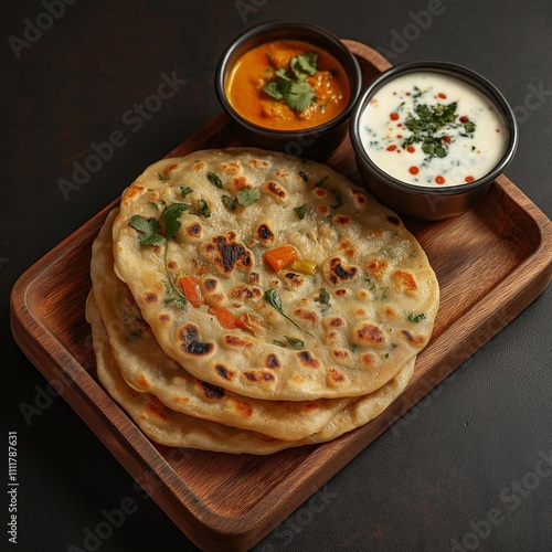 AI generator image of Mix Veg Paratha with Dahi, Gourmet Indian Vegetarian Food, Food Photography photo