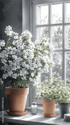 White flowering plant in terracotta pot on windowsill.