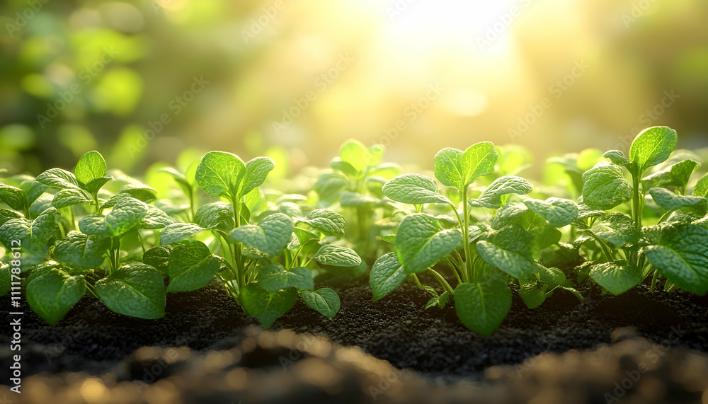 Young green plants growing in soil at sunrise. Young green plants growing in soil at sunrise.