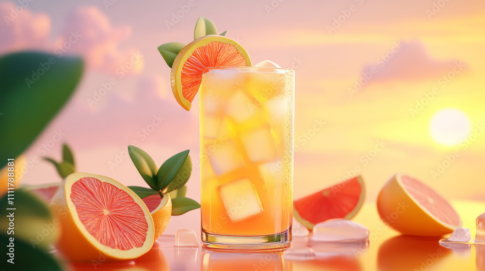 Cold citrus drink at sunset. Hello Summer concept with lettering. Cold citrus drink at sunset. Hello Summer concept with lettering.