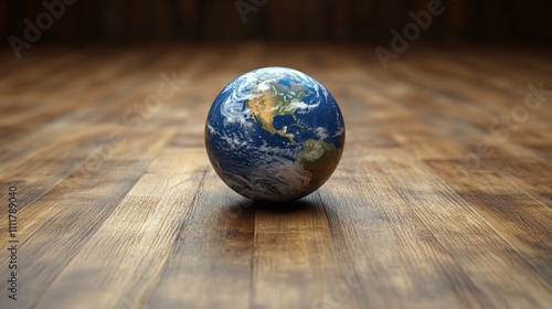 Realistic 3D Render of Earth on Wooden Floor with Global View Representing Nature and Environment in a Minimalistic Indoor Setting