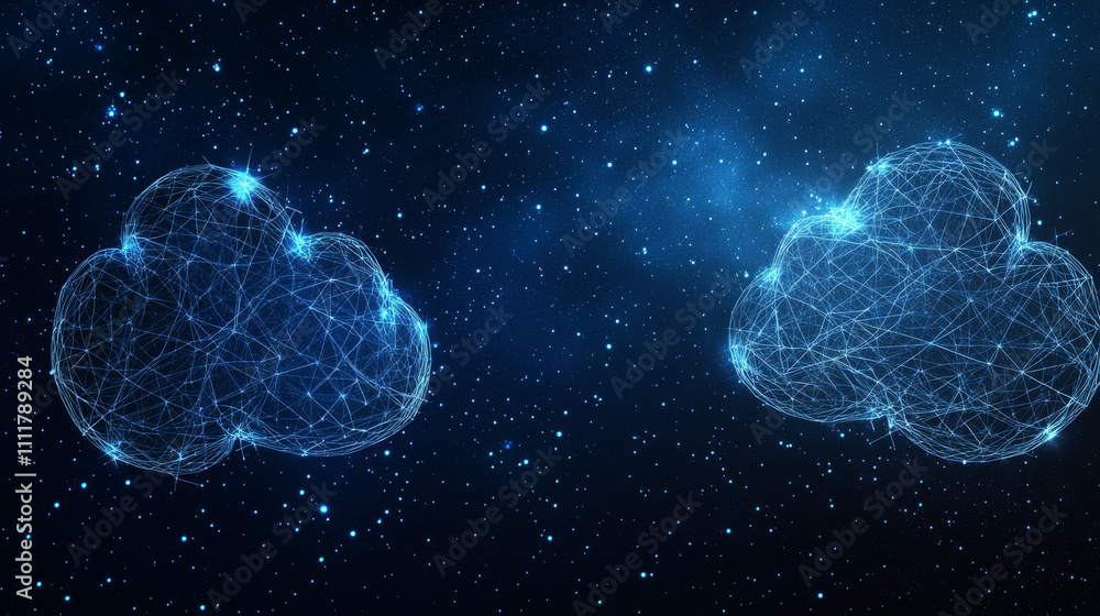 Dialogue clouds. Low-poly vector wireframe illustration in starry sky and cosmos style. Technology and devices concept. Abstract Social Network or Chat theme in blue. Lines and points with polygons Dialogue clouds. Low-poly vector wireframe illustration in starry sky and cosmos style. Technology and devices concept. Abstract Social Network or Chat theme in blue. Lines and points with polygons