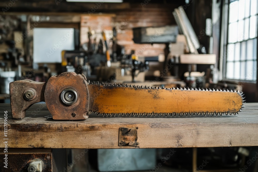 Rusty saw blade rests on weathered workbench.