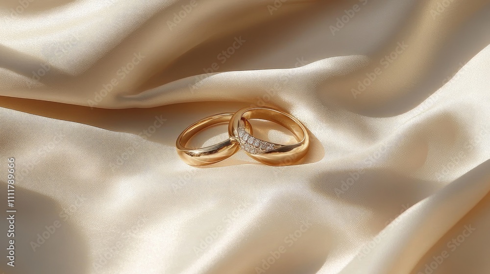 A pair of gold rings with diamond accents on a cream satin cloth, bathed in warm sunlight. A pair of gold rings with diamond accents on a cream satin cloth, bathed in warm sunlight.