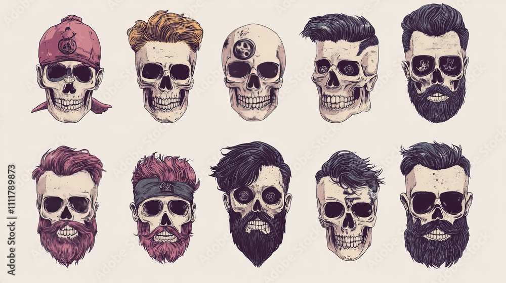 Skulls with Hipster hair and beards, fashion vector illustration set. Skulls with Hipster hair and beards, fashion vector illustration set.