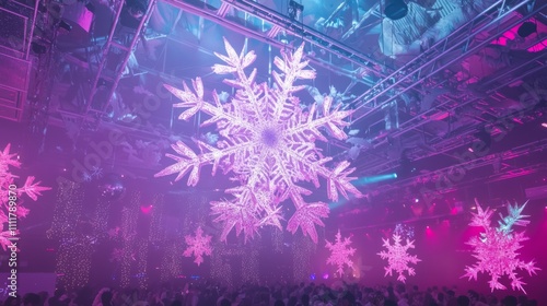 Holidaze Rave: Energetic Christmas Celebration with Illuminated Snowflake, Joyful Dancing Crowd - Ultra-Detailed Festive Scene photo