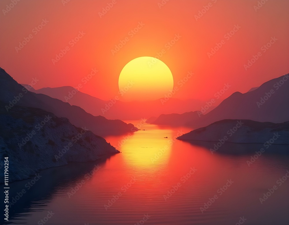 A large orange sun sinking behind gently sloping hills, with a serene body of water reflecting the warm sunset colors of orange, pink, and hints of purple. A large orange sun sinking behind gently sloping hills, with a serene body of water reflecting the warm sunset colors of orange, pink, and hints of purple.