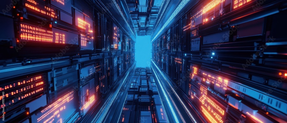 Experience an abstract view of a futuristic data corridor illuminated in vibrant colors Experience an abstract view of a futuristic data corridor illuminated in vibrant colors