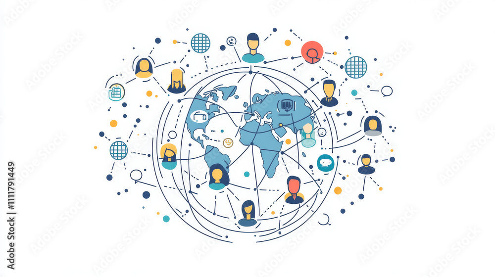 Vector illustration. Half of the Earth. Global connections conception. Global business line art flat conception. Half of the abstract sphere of the network communication between people. Vector illustration. Half of the Earth. Global connections conception. Global business line art flat conception. Half of the abstract sphere of the network communication between people.