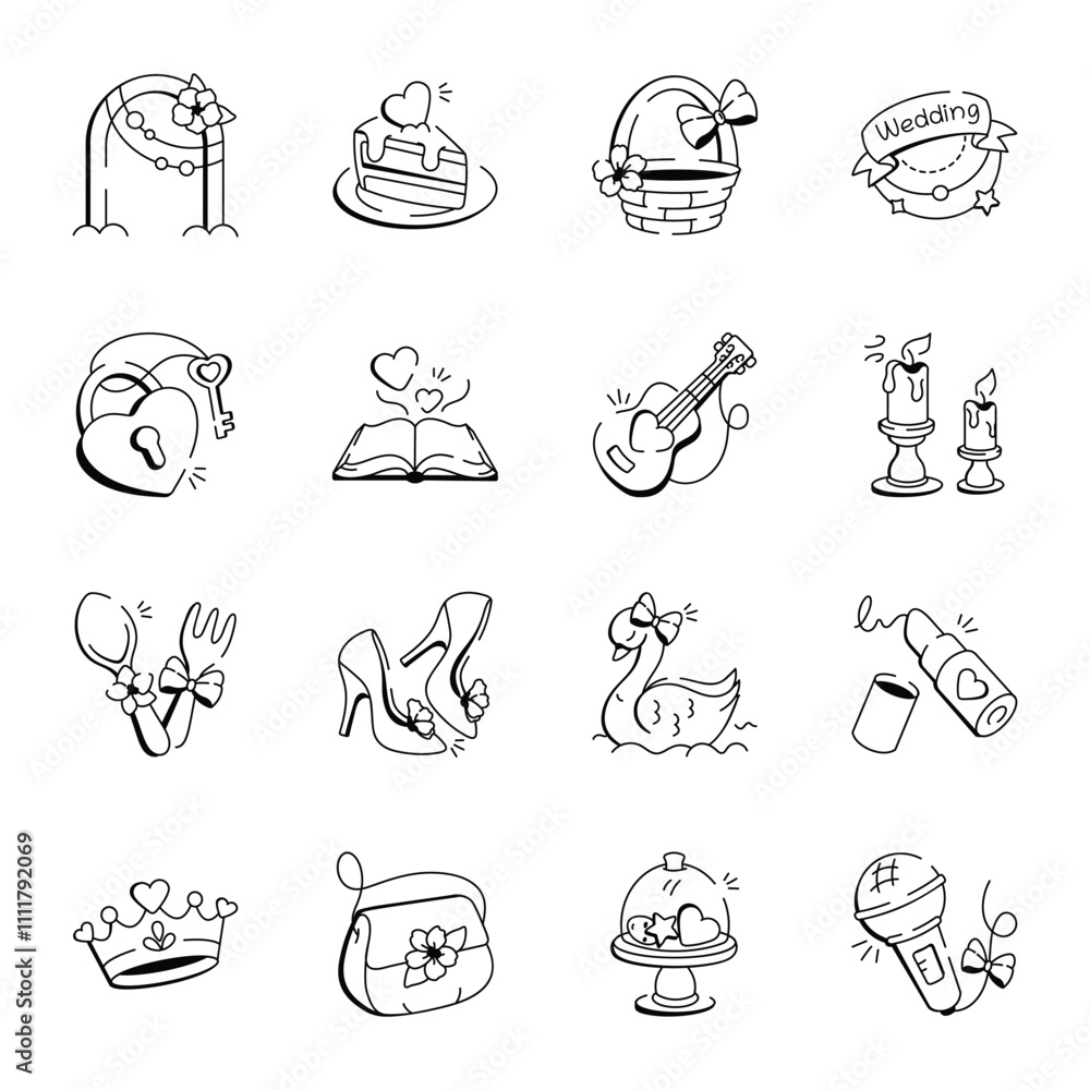 Fototapeta premium Collection of Wedding Ceremony Doodle Icons
