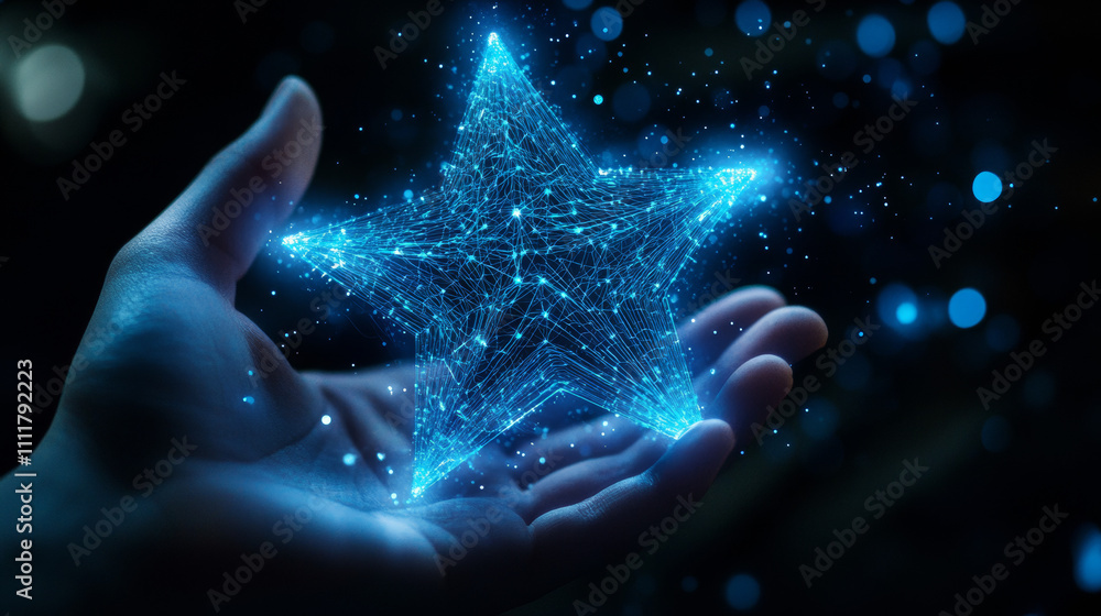 Digital star in abstract hand. Success concept. Low poly wireframe vector illustration with 3D effect in futuristic hologram blue style on technology background. Monochrome light vector illustration Digital star in abstract hand. Success concept. Low poly wireframe vector illustration with 3D effect in futuristic hologram blue style on technology background. Monochrome light vector illustration
