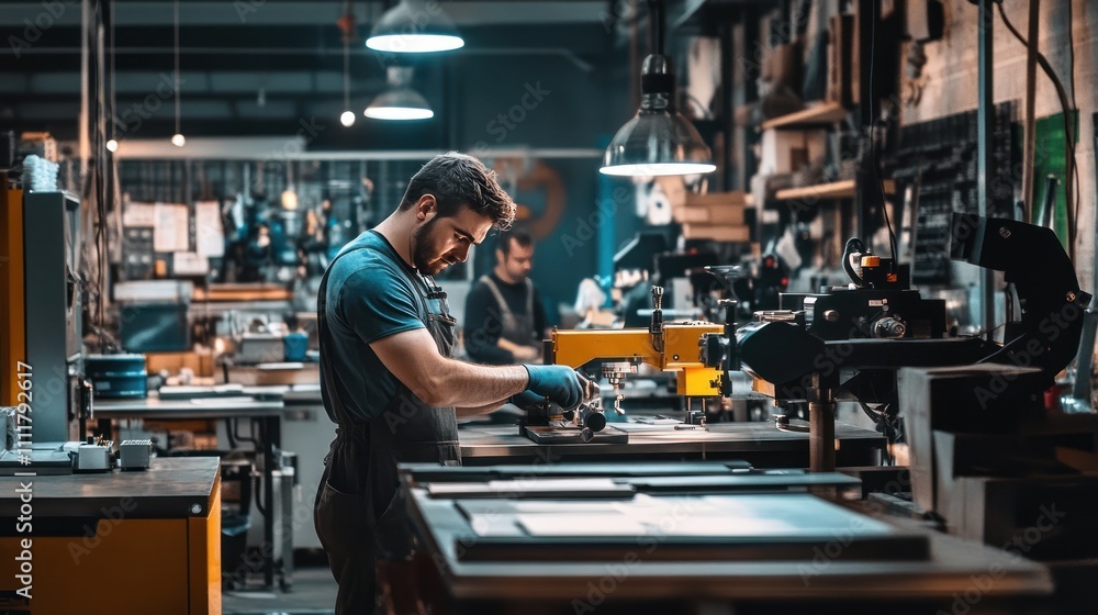 workers assembling products using lightweight fabrication machines, clean and organized workspace, sharp focus, vibrant industrial lighting workers assembling products using lightweight fabrication machines, clean and organized workspace, sharp focus, vibrant industrial lighting