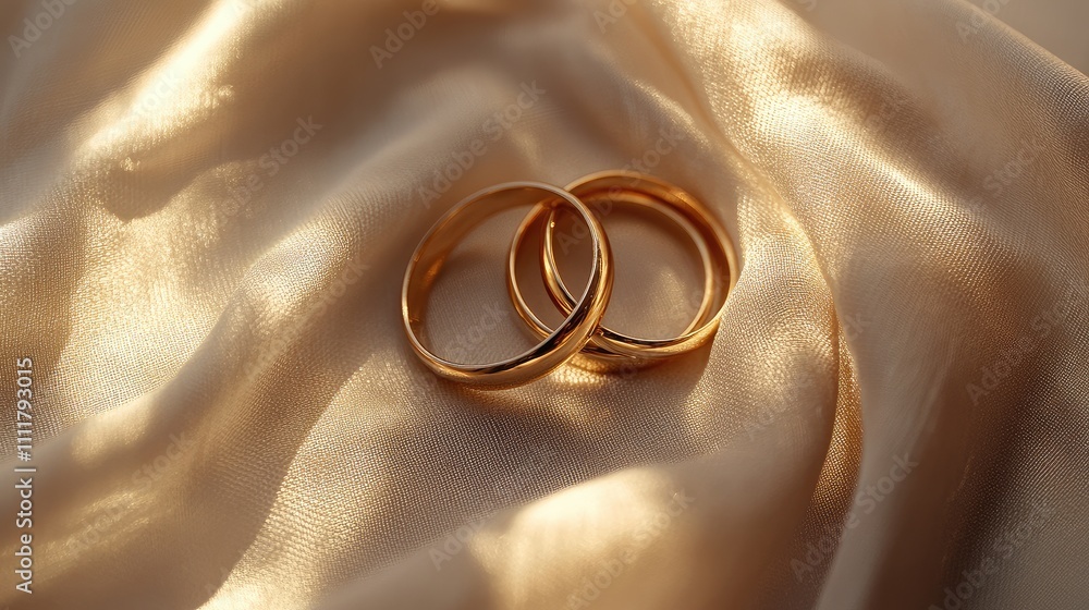 Close-up of golden wedding rings on a light fabric background with warm sunlight illuminating them. Close-up of golden wedding rings on a light fabric background with warm sunlight illuminating them.
