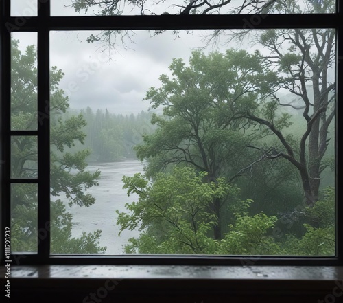 Rainy day view through a window with blurry trees and clouds , blur, nature, window