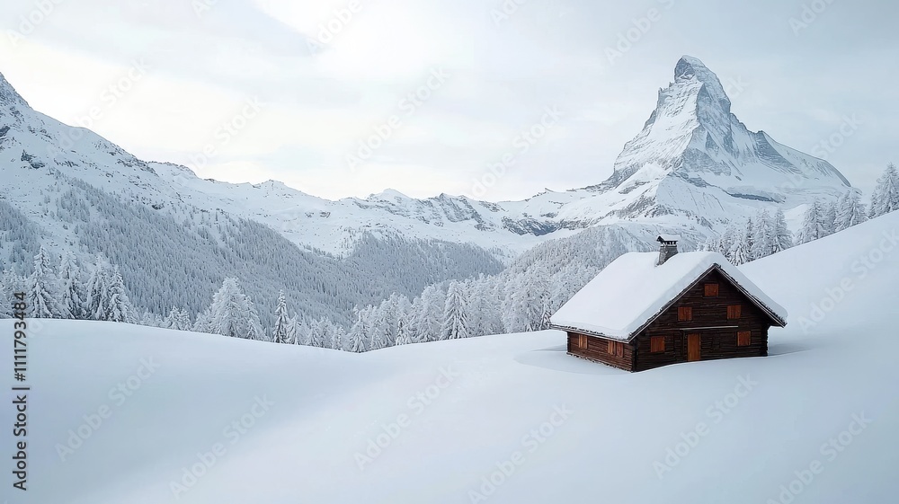 Fototapeta premium A serene winter landscape featuring a cozy cabin surrounded by snow-covered mountains and trees under a cloudy sky.