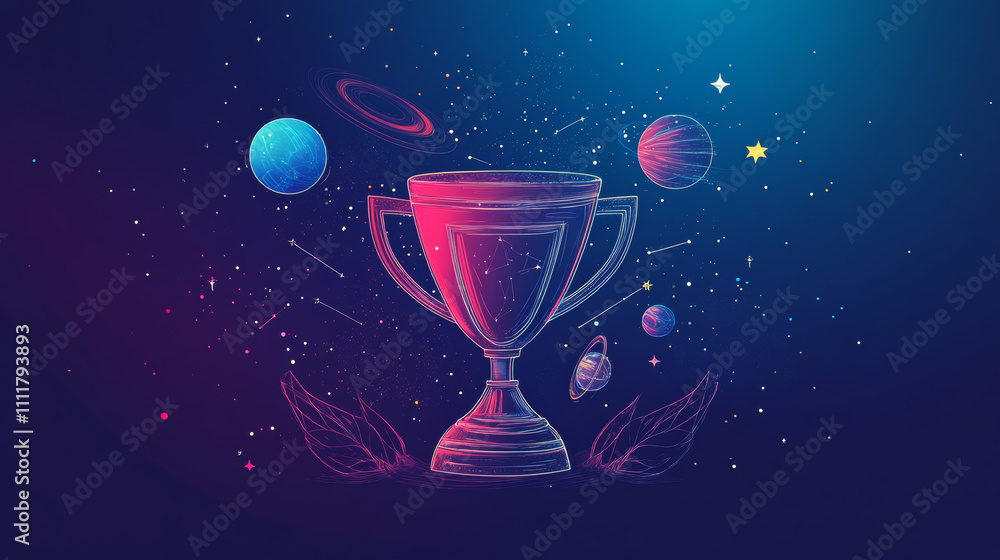 Abstract image of a champion cup in the form of a starry sky or space, consisting of points, lines, and shapes in the form of planets, stars and the universe. Vector business wireframe concept. Abstract image of a champion cup in the form of a starry sky or space, consisting of points, lines, and shapes in the form of planets, stars and the universe. Vector business wireframe concept.