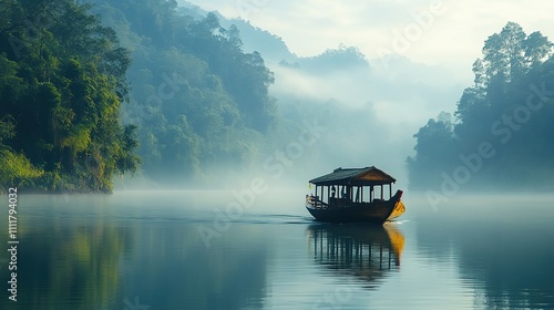 Wallpaper Mural Serene Morning Mist on the Lake with a Boat Torontodigital.ca