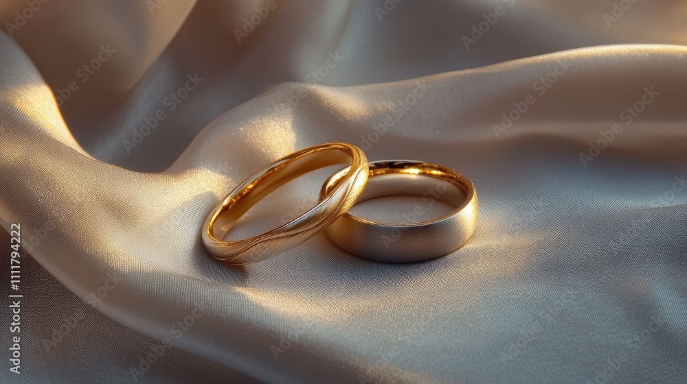 Elegant wedding rings placed on a light gray fabric, with warm light reflecting off their surfaces. Elegant wedding rings placed on a light gray fabric, with warm light reflecting off their surfaces.