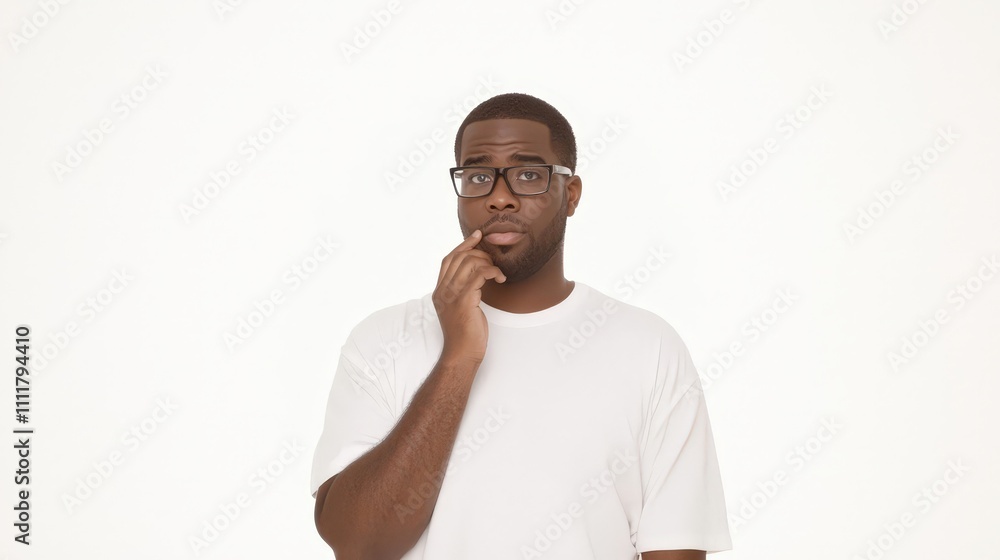 Pensive African American Man in White T Shirt Thoughtful Expression Studio Portrait Pensive African American Man in White T Shirt Thoughtful Expression Studio Portrait