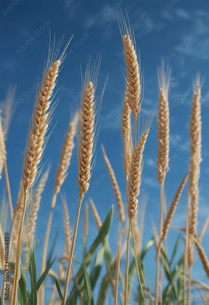 Softly swaying wheat stalks against a brilliant blue backdrop, serene atmosphere, white clouds, idyllic scene Softly swaying wheat stalks against a brilliant blue backdrop, serene atmosphere, white clouds, idyllic scene