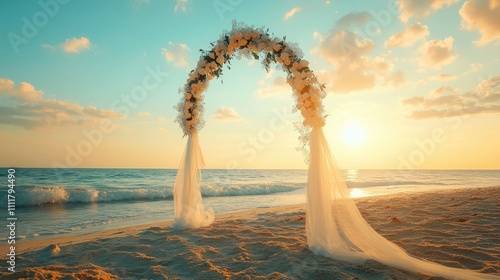 Floral wedding arch with delicate ribbons, placed on a quiet beach glowing under the golden hues of sunset. No people.