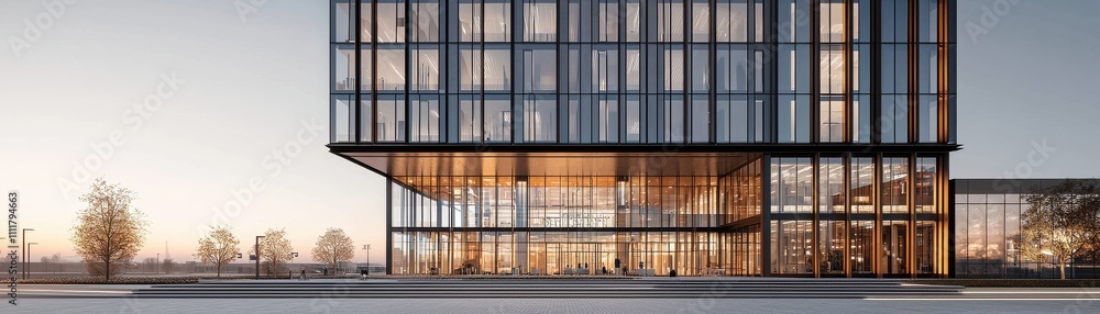 A modern architectural building featuring a glass facade and sleek design, surrounded by a minimalist landscape at dusk. A modern architectural building featuring a glass facade and sleek design, surrounded by a minimalist landscape at dusk.