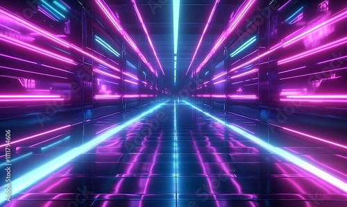 Abstract neon lights into digital technology tunnel. Futuristic technology abstract background with lines for network  big data  data center  server  internet  speed. Nice 3D rendering  Generative Ai