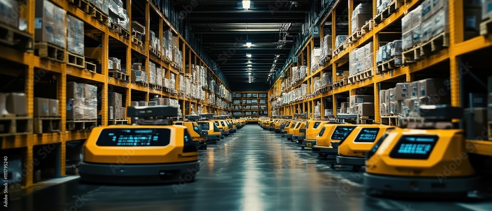 Innovative automation technology in a modern warehouse with robotic vehicles working efficiently Innovative automation technology in a modern warehouse with robotic vehicles working efficiently