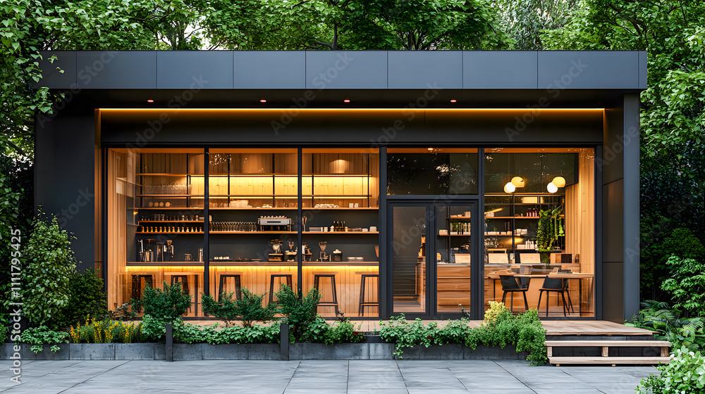 Stylish Contemporary Cafe Facade with Large Windows and Trendy Design Stylish Contemporary Cafe Facade with Large Windows and Trendy Design