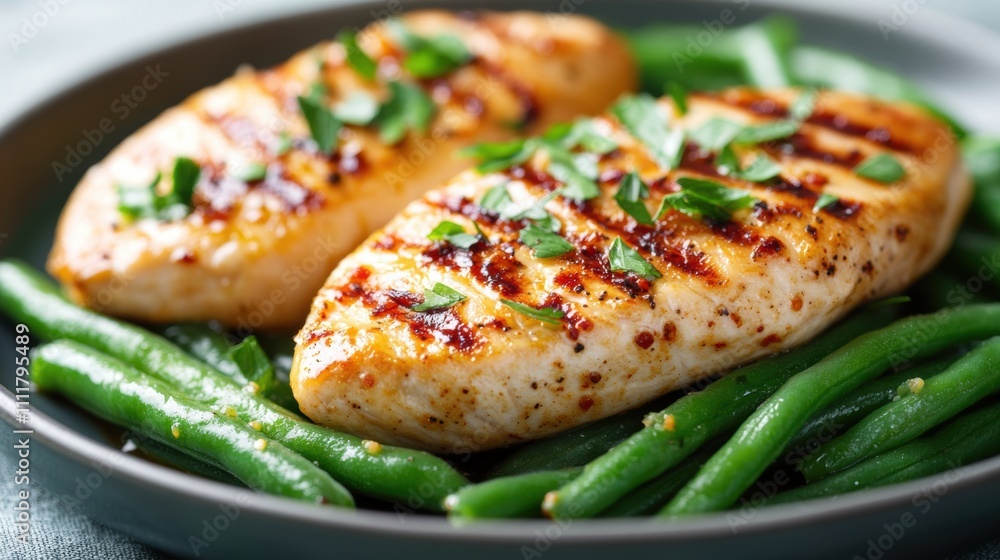 Minimalist Healthy Meal featuring Roasted Chicken Breast with Steamed Green Beans, simple, nutritious, vibrant colors, fresh ingredients Minimalist Healthy Meal featuring Roasted Chicken Breast with Steamed Green Beans, simple, nutritious, vibrant colors, fresh ingredients