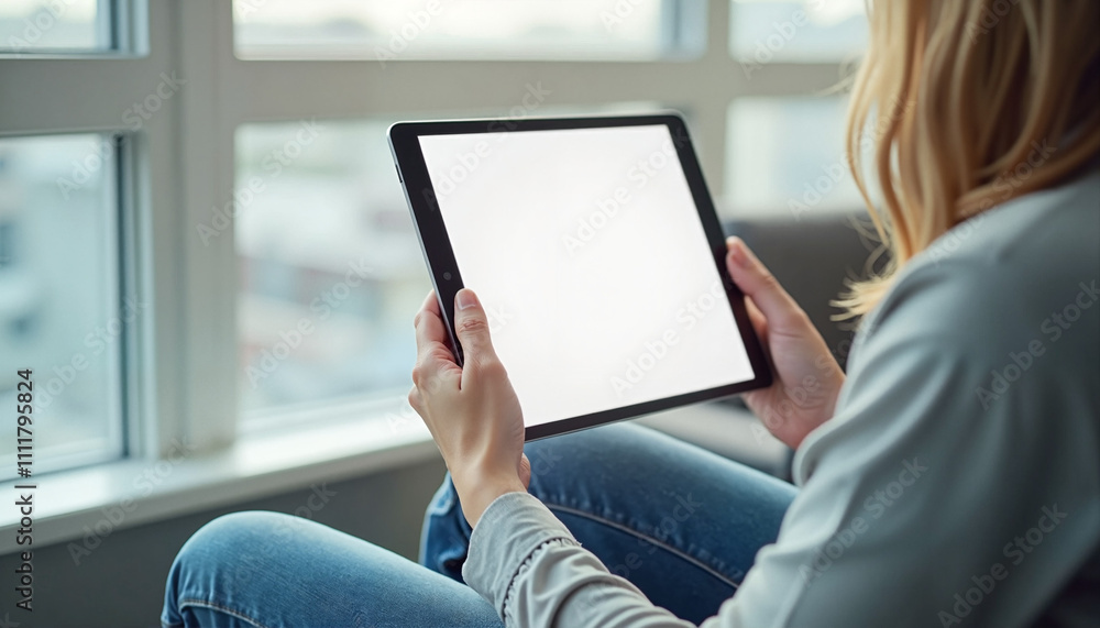 Woman using digital tablet by window, mockup tablet Woman using digital tablet by window, mockup tablet