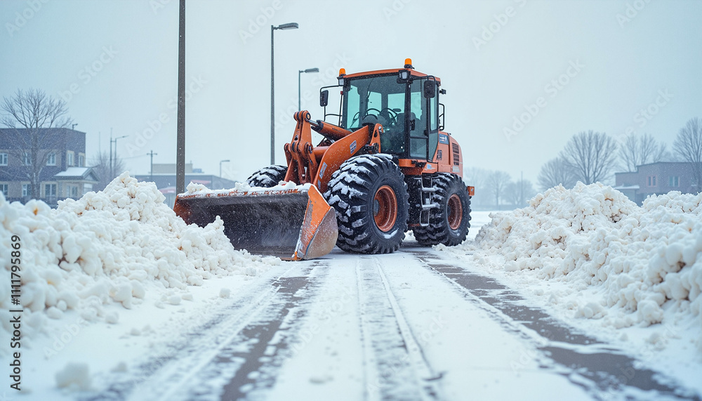 Snowplow clearing a snowy road, snow removal Snowplow clearing a snowy road, snow removal