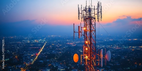 5g base station receiver on a telecommunication tower with network connections, generative ai