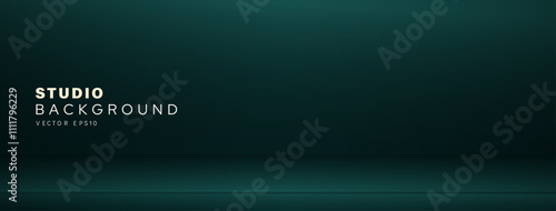 Christmas dark green color gradient banner room background vector design with floor space for product placement, studio backdrop style    
