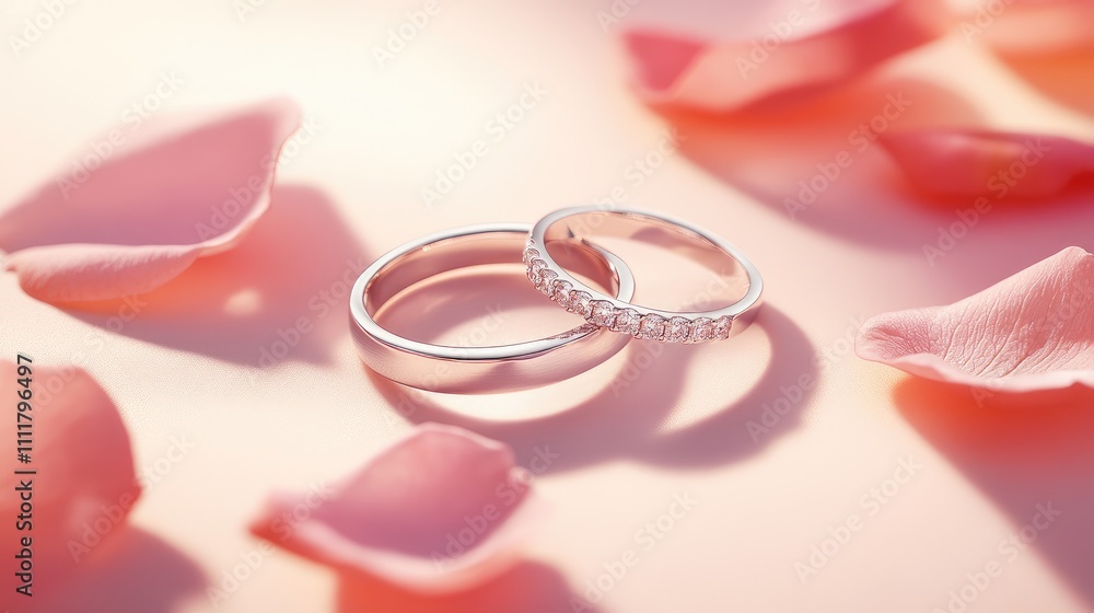 Romantic wedding rings resting on a soft pastel background with subtle rose petals. Romantic wedding rings resting on a soft pastel background with subtle rose petals.