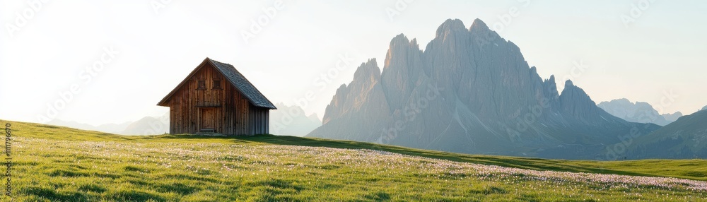 A rustic wooden cabin stands alone on a grassy field, framed by majestic mountains under a clear sky, evoking tranquility and natural beauty. A rustic wooden cabin stands alone on a grassy field, framed by majestic mountains under a clear sky, evoking tranquility and natural beauty.