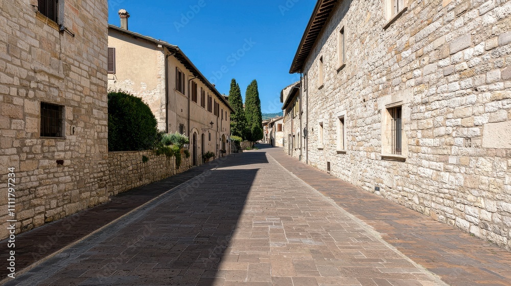 A charming cobblestone street lined with stone buildings under a clear blue sky, showcasing a peaceful, historic ambiance. A charming cobblestone street lined with stone buildings under a clear blue sky, showcasing a peaceful, historic ambiance.