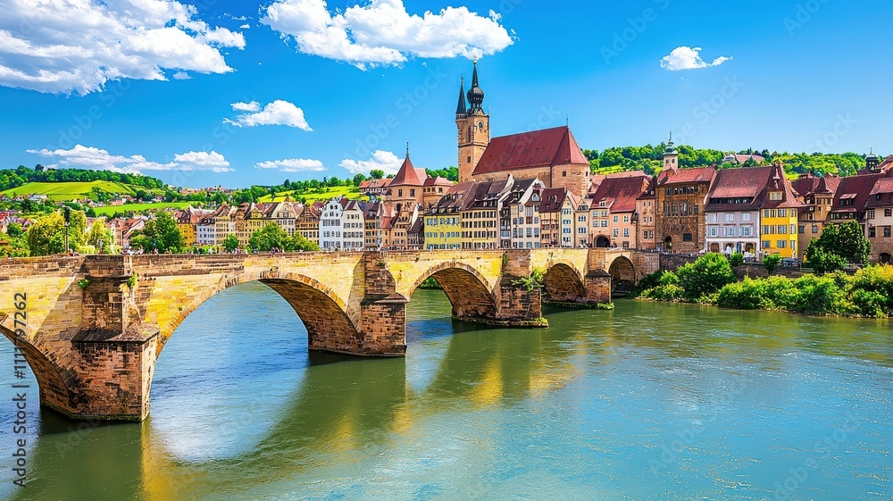 Obraz premium A picturesque riverside scene featuring a historic bridge and charming buildings under a bright blue sky with fluffy clouds.