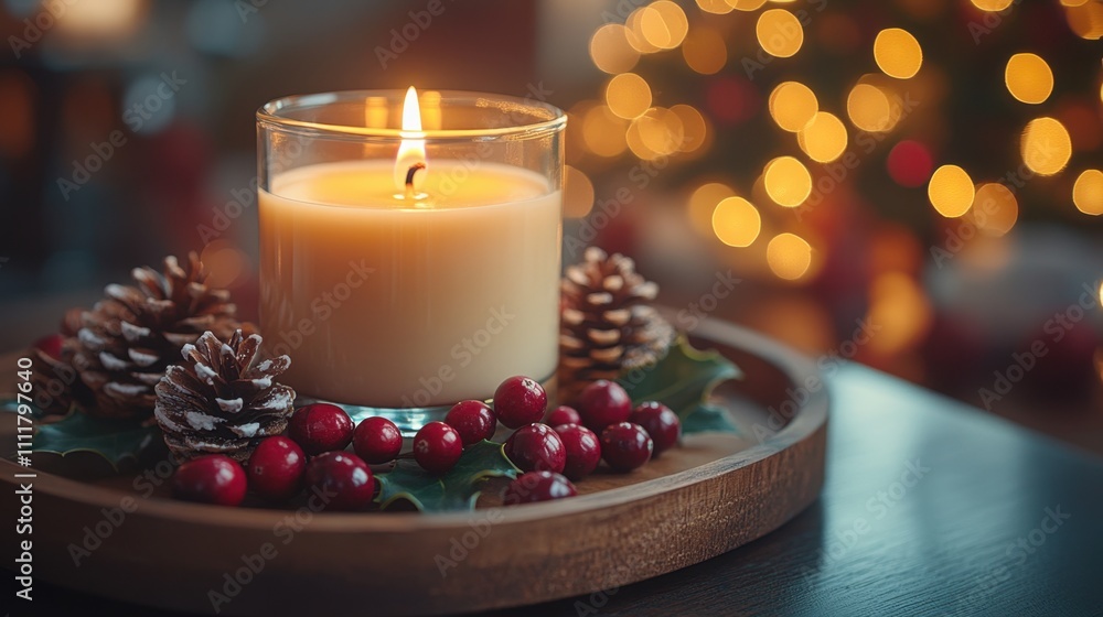 A close-up of an elegant Advent wreath made of frosted pine branches, red berries, and silver baubles, with candles glowing warmly, placed on a marble countertop A close-up of an elegant Advent wreath made of frosted pine branches, red berries, and silver baubles, with candles glowing warmly, placed on a marble countertop