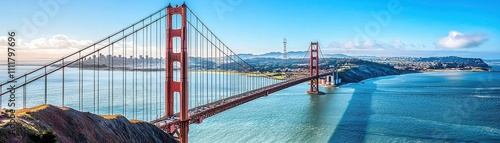 Panel kuchenny z motywem A stunning panoramic view of the Golden Gate Bridge spanning over the vibrant blue waters, with the San Francisco skyline in the background under a clear sky.
