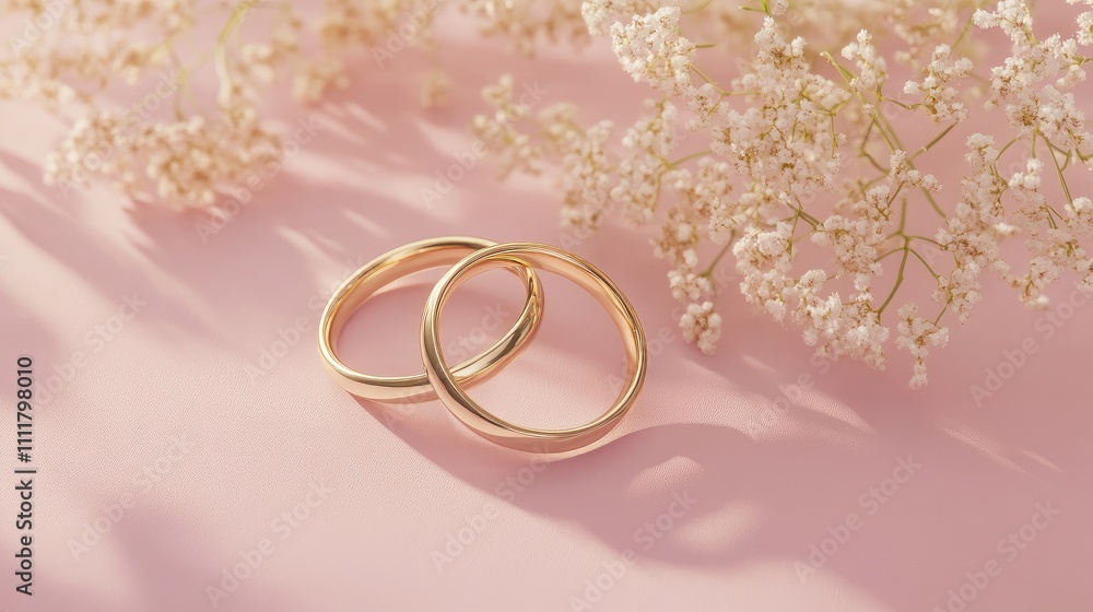 Two intertwined wedding rings on a pastel pink surface with delicate floral accents for a romantic feel. Two intertwined wedding rings on a pastel pink surface with delicate floral accents for a romantic feel.