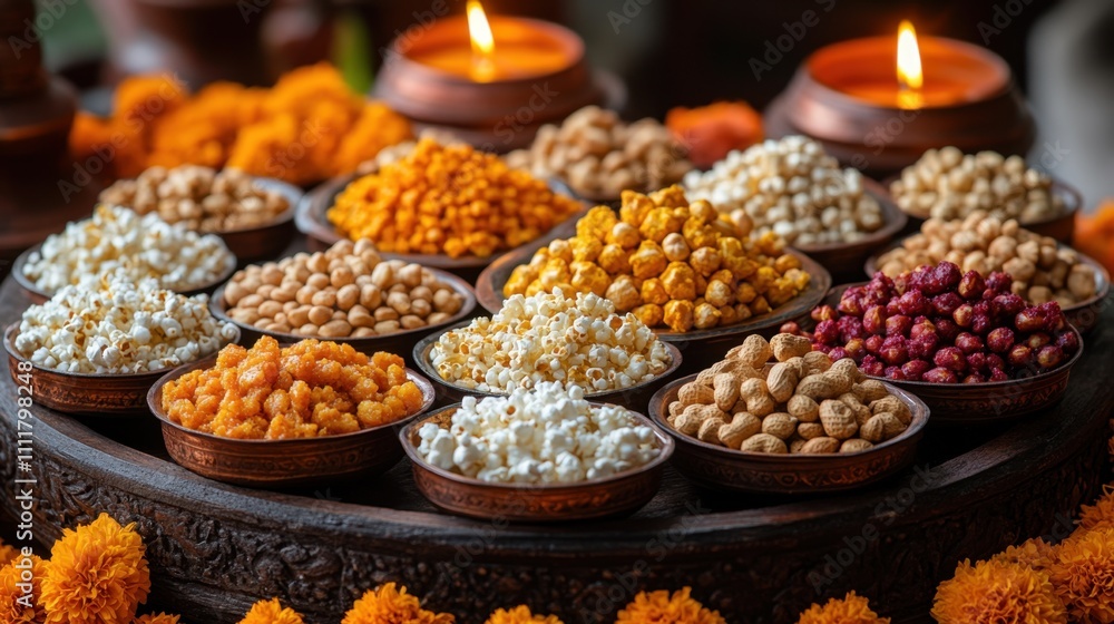A close-up of a traditional Punjabi thali filled with Lohri treats like jaggery, rewari, peanuts, and popcorn, beautifully arranged on a wooden platter with marigold flowers and candles A close-up of a traditional Punjabi thali filled with Lohri treats like jaggery, rewari, peanuts, and popcorn, beautifully arranged on a wooden platter with marigold flowers and candles