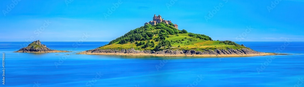 A picturesque view of a lush green island surrounded by calm blue waters, with a castle-like structure perched on its peak. A picturesque view of a lush green island surrounded by calm blue waters, with a castle-like structure perched on its peak.